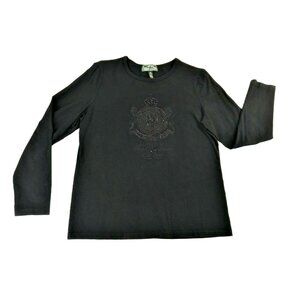 L-RL Ralph Lauren  Active Long Sleeve Embellished Crest Black T Shirt Wms Large